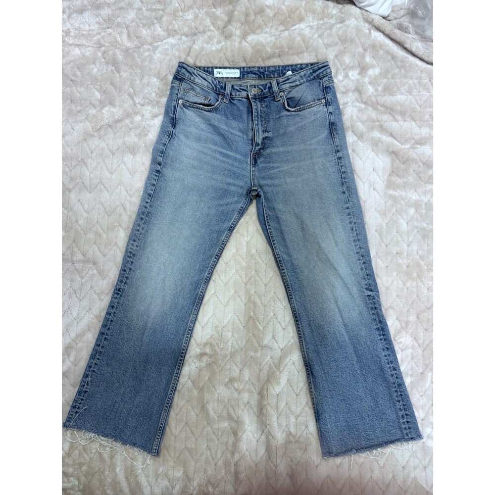Zara Jeans Womens 8 Wide Leg Straight High Rise Distressed Raw Hem Boho Denim